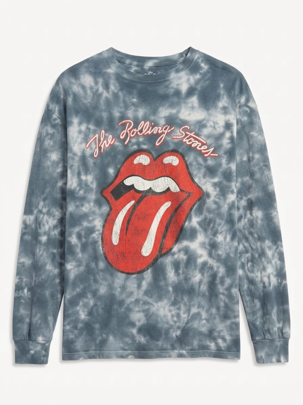 the Rolling Stones Blue Tie-Dye Long-Sleeve Tee with Red Tongue Graphic
